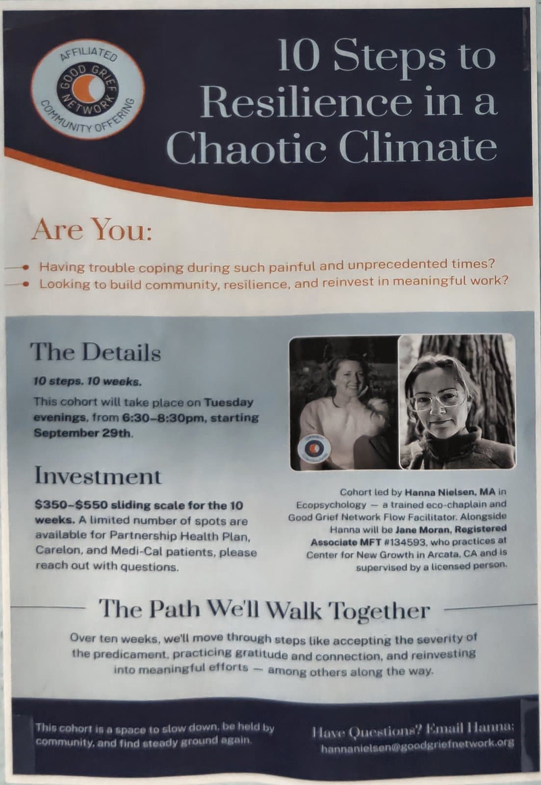 Flyer for 10 Steps to Resilience in a Chaotic Climate