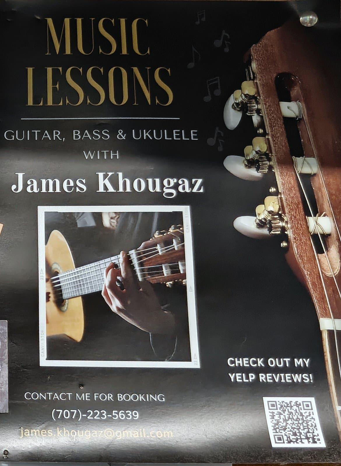 Flyer for Music Lessons: Guitar, Bass and Ukulele